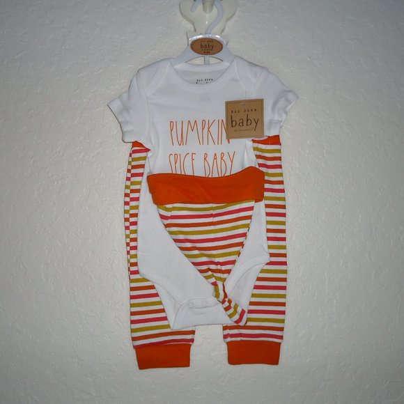 Rae Dunn* Baby Pant Set With Hat "Pumpkin Spice Baby" 3 Snap Bottom Onesie~ 6-9M - Picture 1 of 8